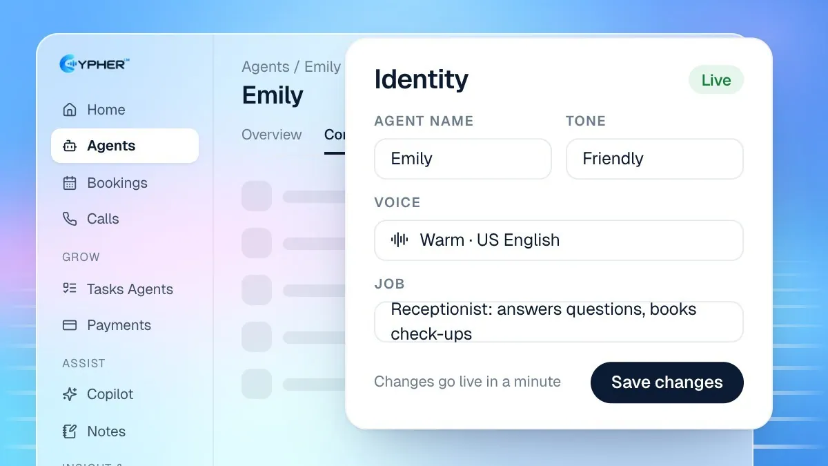 The Controls tab of a Cypher LM agent showing the Identity card with Agent Name Emily, Agent Tone Friendly, Agent Gender Female and an Agent Voice selector, and the Job purpose set to Receptionist