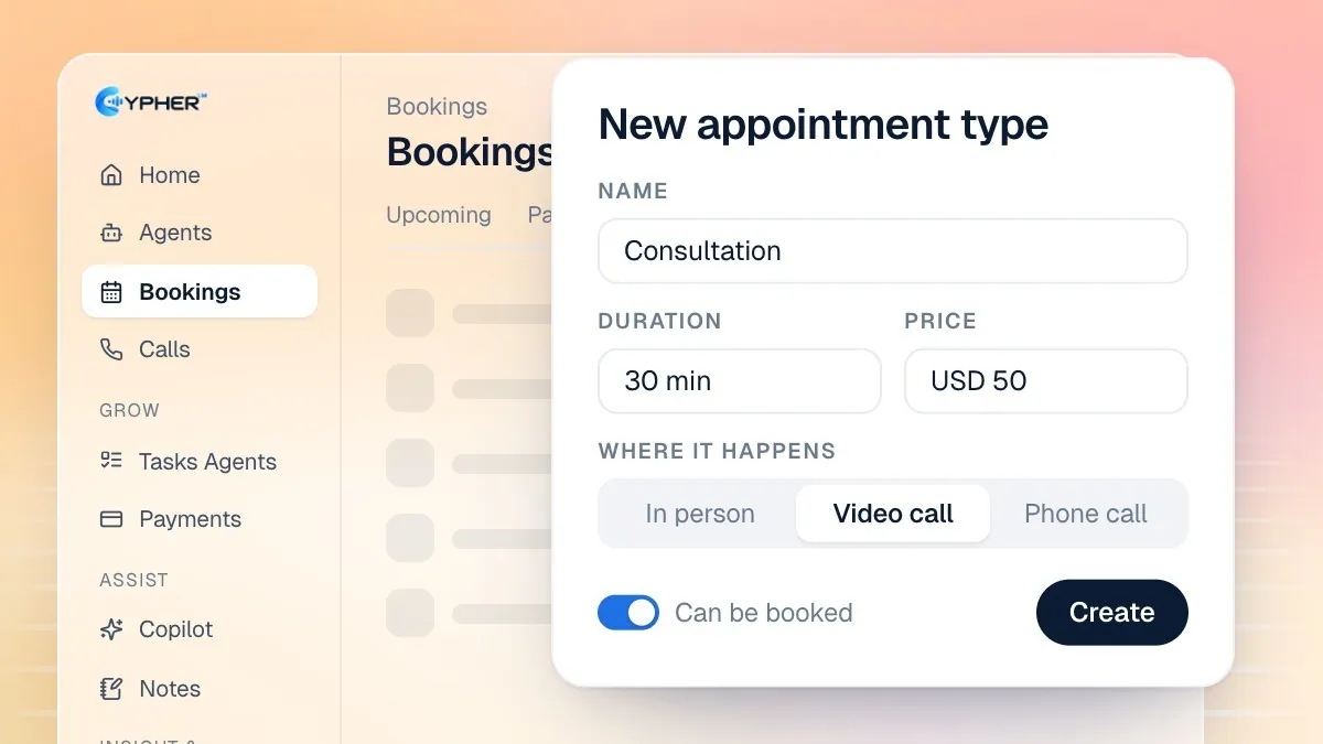 The New appointment type dialog in Cypher LM with fields for name, duration, price, where it happens, description and colour