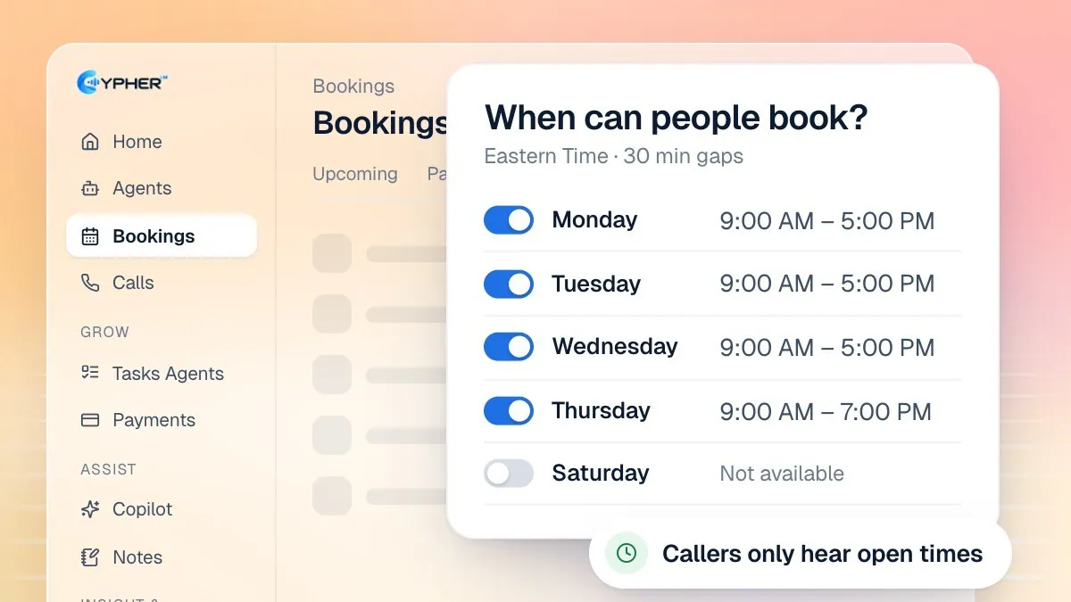 The Hours drawer in Cypher LM, titled When can people book?, with time zone, weekly hours, date overrides and booking rules