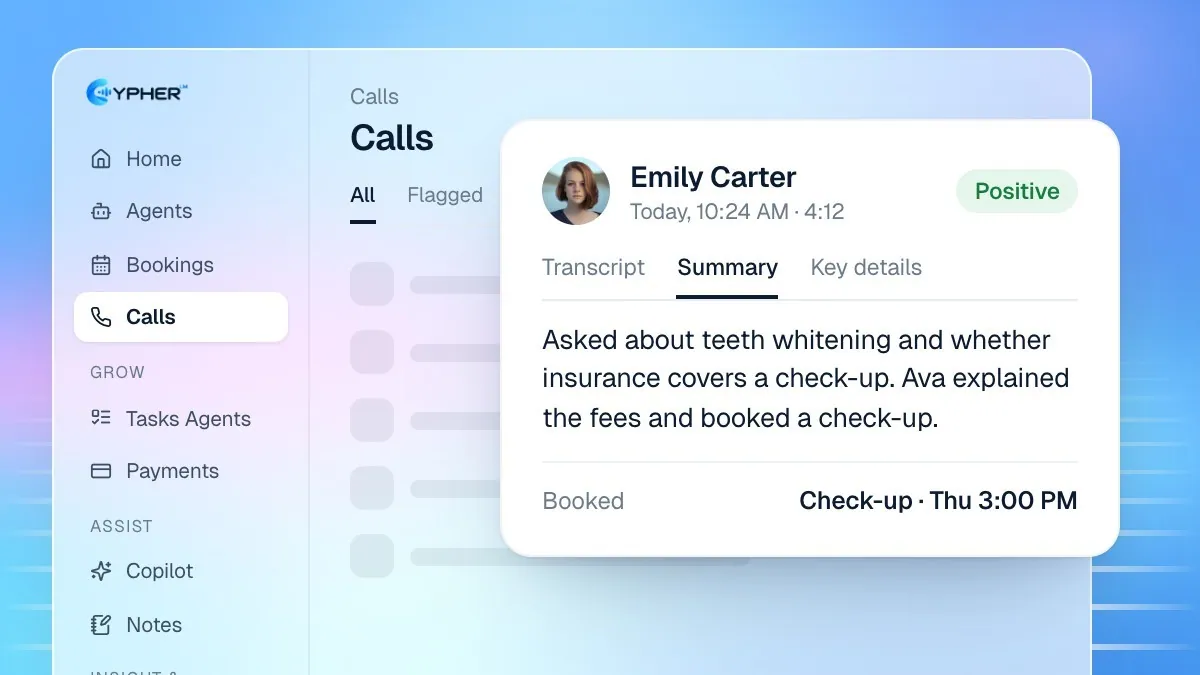 The call drawer in Calls with the Summary tab open, showing a written summary and the caller's key details