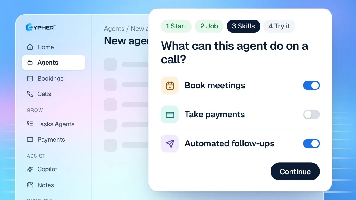 The Cypher LM New agent builder on the Skills step, with toggles for Book meetings, Take payments and Automated follow-ups