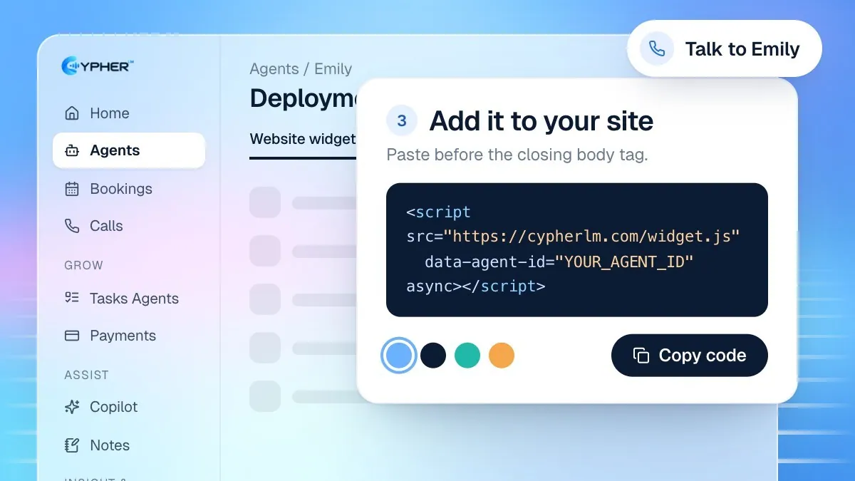 The Website widget tab in Cypher LM, showing the Website addresses field, the Look settings for position and colour, and the embed code ready to copy