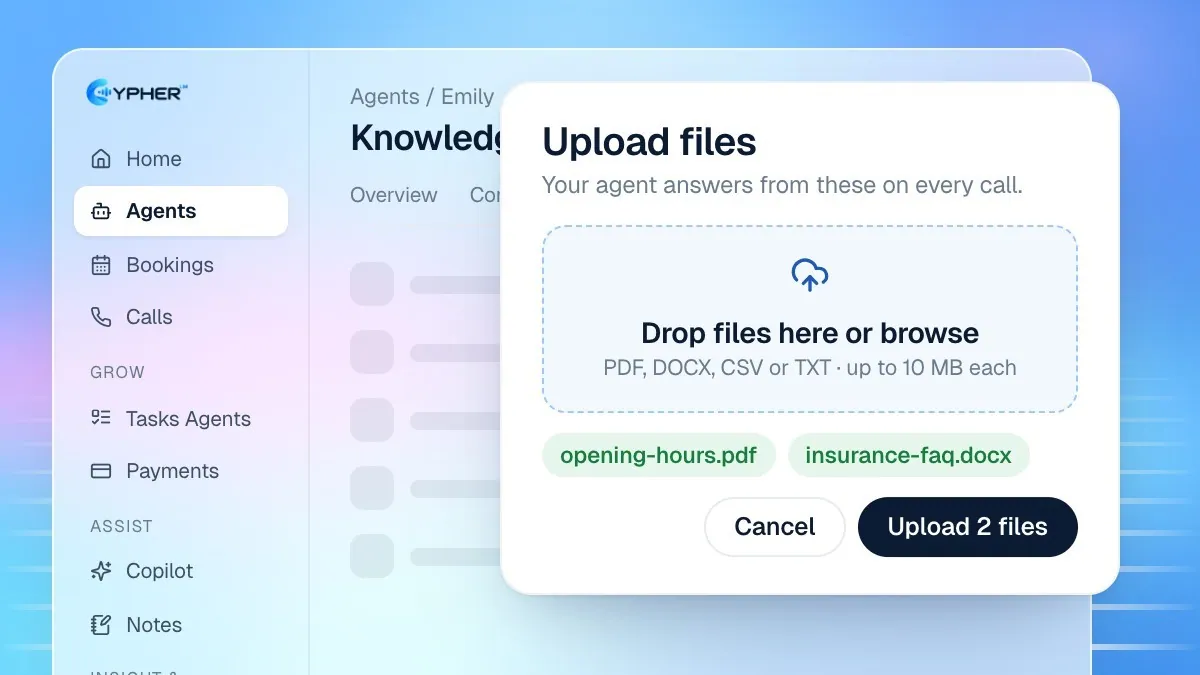 The Knowledge tab of a Cypher LM agent with folders on the left and an upload dialog accepting PDF, DOCX, CSV or TXT files up to 4 MB each, 10 at a time
