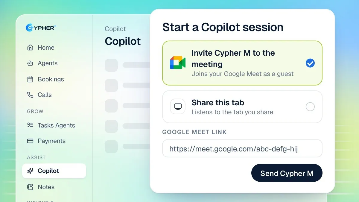 The Start a Copilot session dialog with two options under How should Cypher M listen: Invite Cypher M to the meeting, and Share this tab