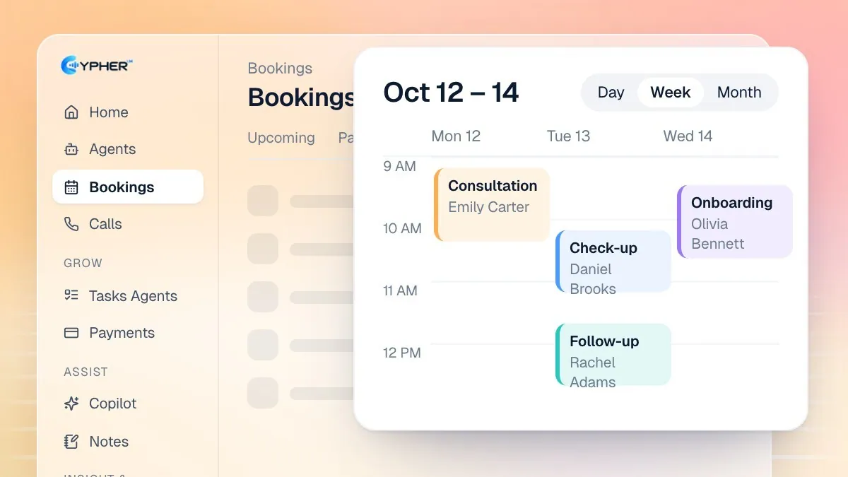 My calendar in Cypher LM Bookings, showing a week view of meetings, the left rail with a mini month and upcoming meetings, and the next meeting banner