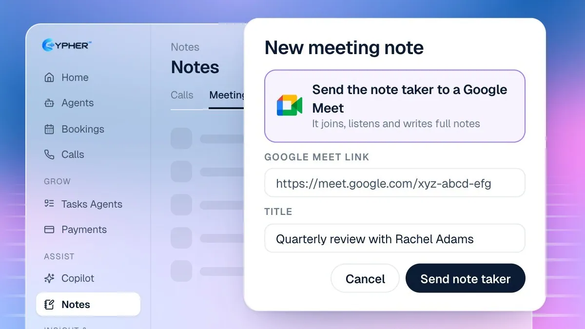 The New meeting note dialog with two choices: Send the note taker to a Google Meet, and Record on this device
