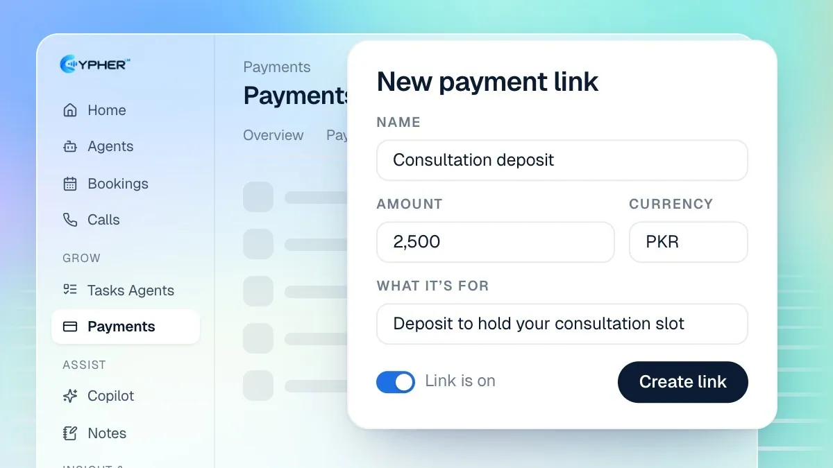The New payment link dialog with a name, the choice between Fixed amount and Customer enters the amount, an amount in PKR and the Link is on switch
