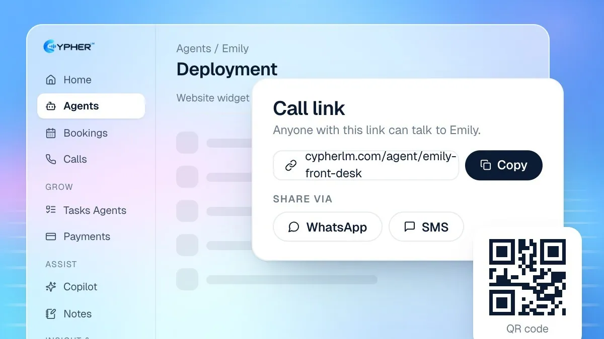The Share links tab in Cypher LM, showing an agent's call link with Share, WhatsApp, SMS and Email buttons and a QR code with download options
