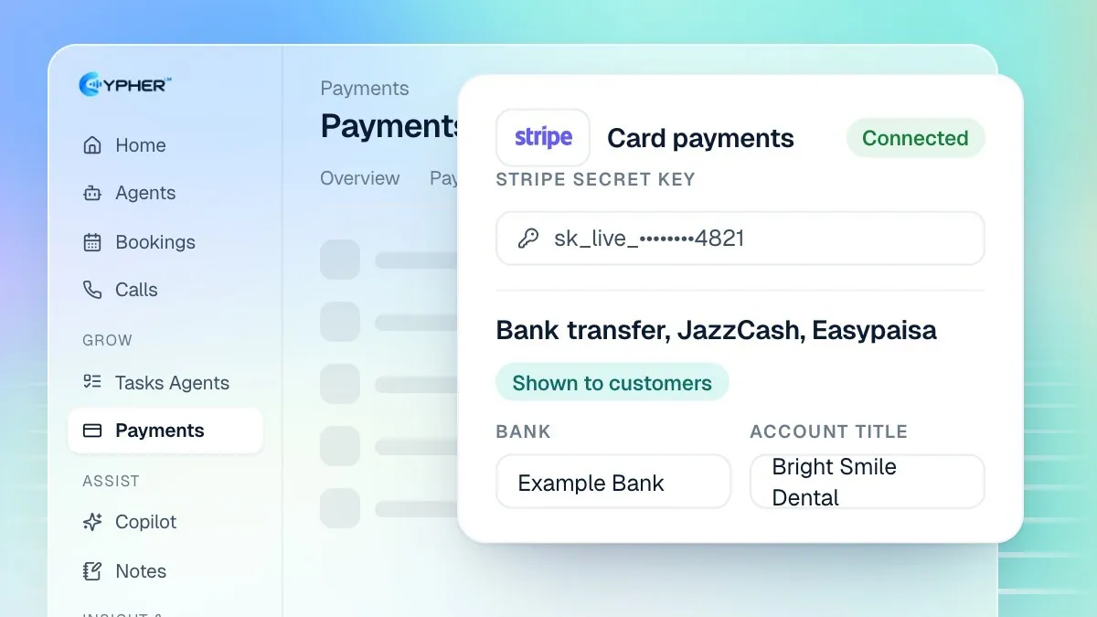 The Payments settings drawer showing the Card payments (Stripe) card with a secret key field and the Bank transfer, JazzCash and Easypaisa card