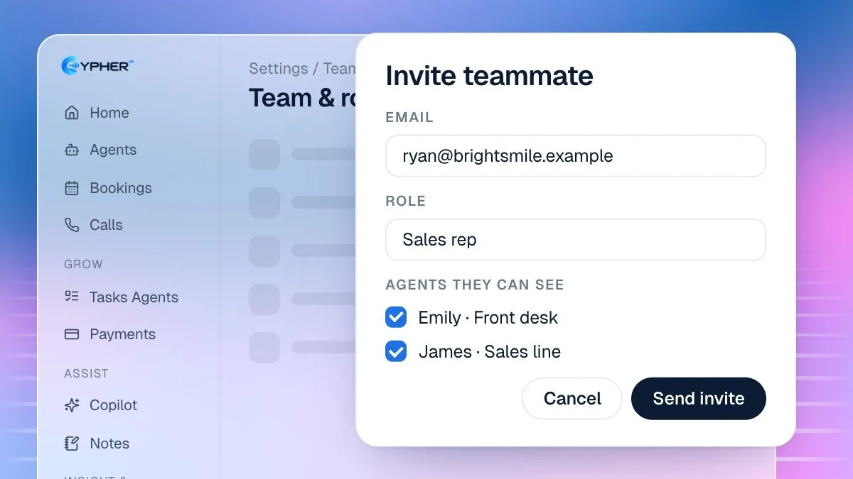 The Invite teammate dialog in Settings › Team & roles, with an email field, a role list showing Manager, Front desk and Sales rep, and agent checkboxes for a sales rep