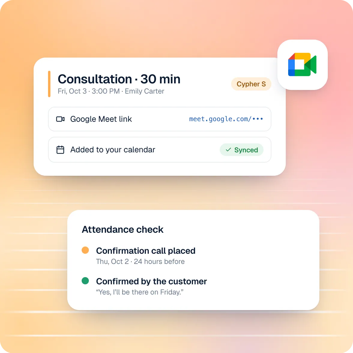 Booking with a Google Meet link and a confirmation call the day before