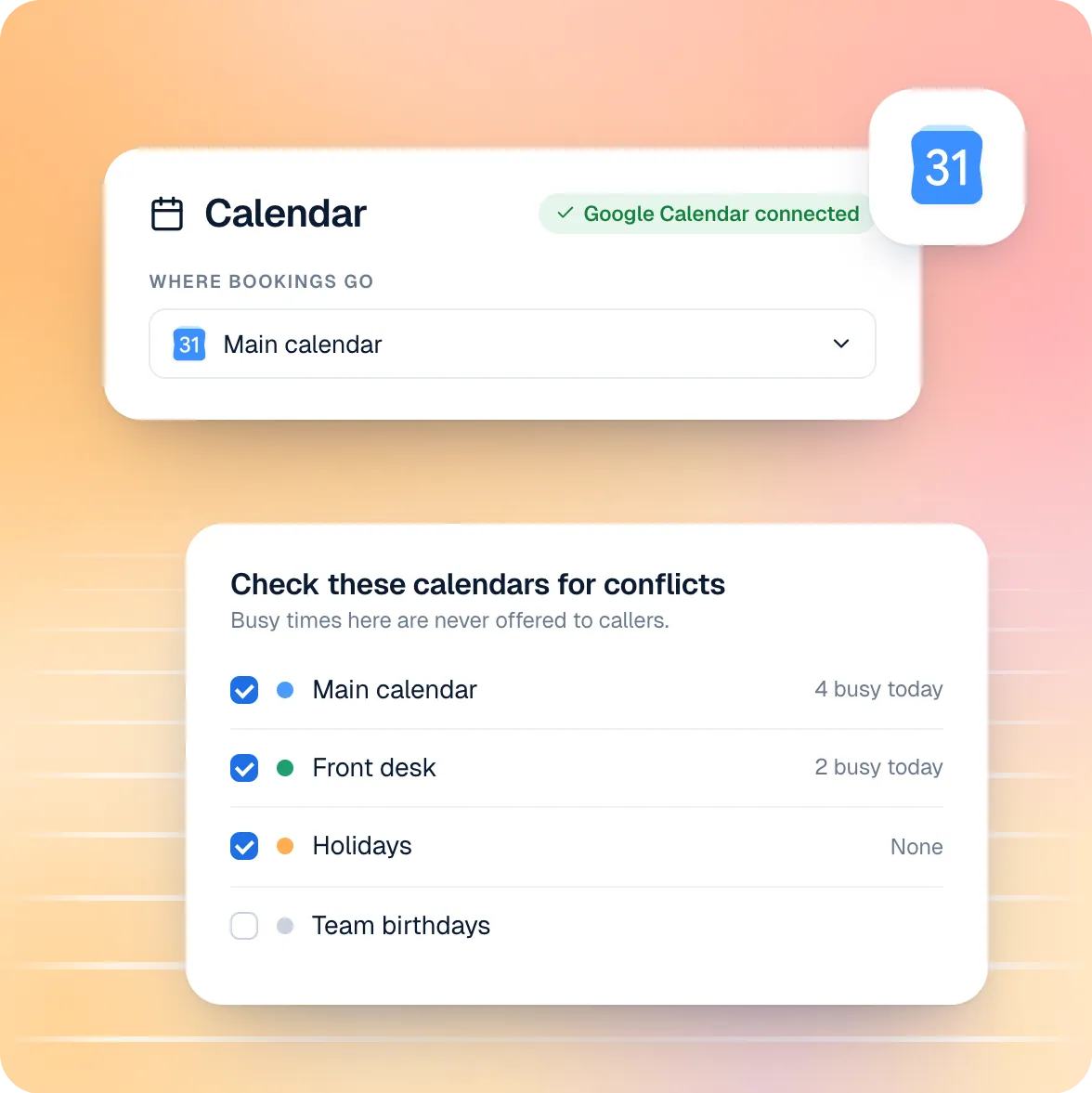 Cypher S calendar settings with conflict checks across Google calendars