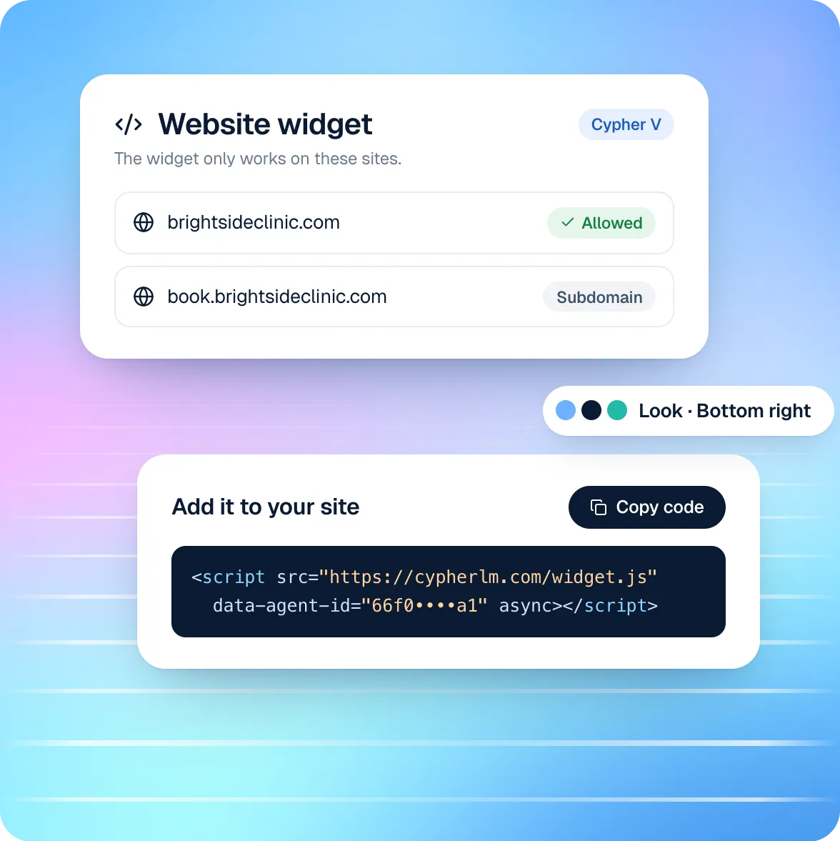 Deploy screen with allowed website addresses and the one-line embed code