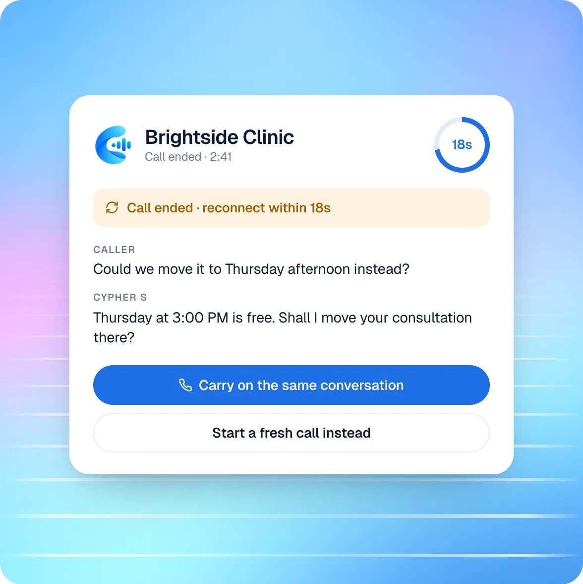 Widget showing a call that ended with a 25-second window to reconnect