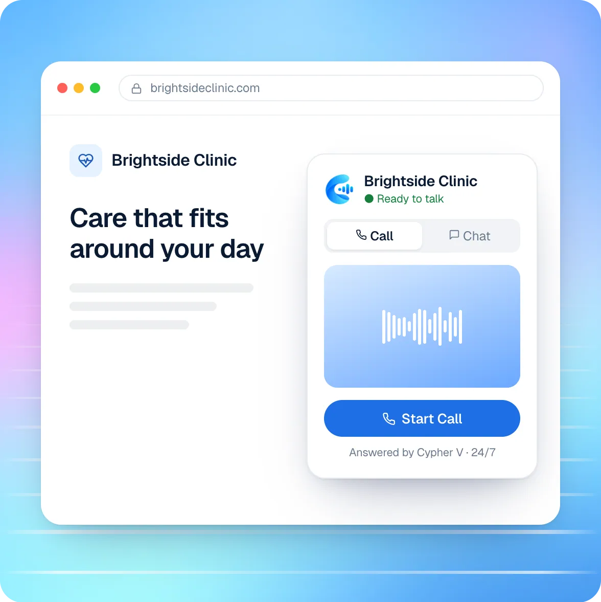 Cypher LM website widget open on a business website, with Start Call and Chat