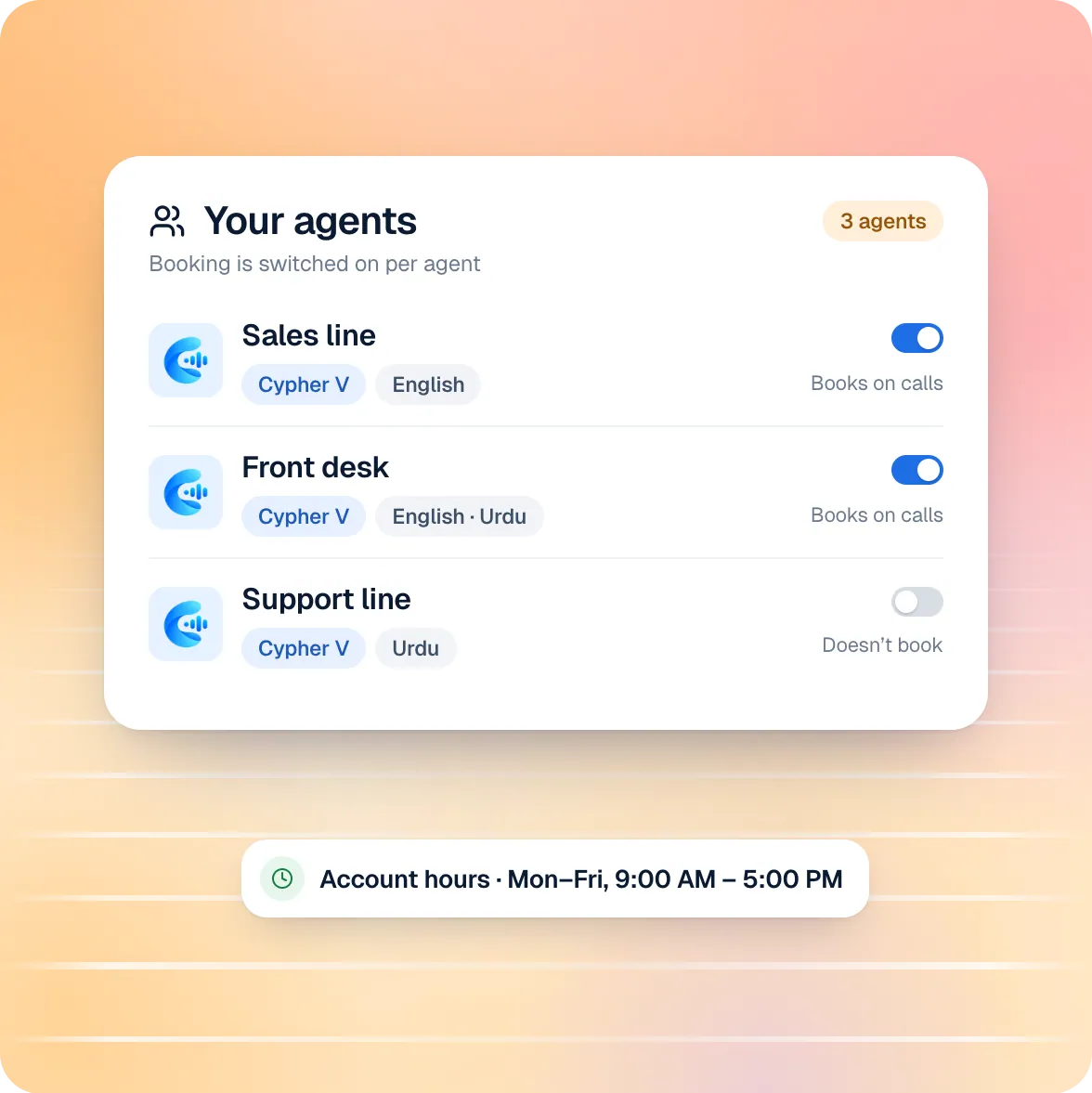 Three Cypher LM agents in one account, each with its own job and booking switch