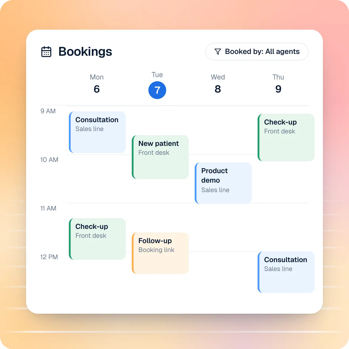 Shared bookings calendar with each booking labelled by the agent that made it