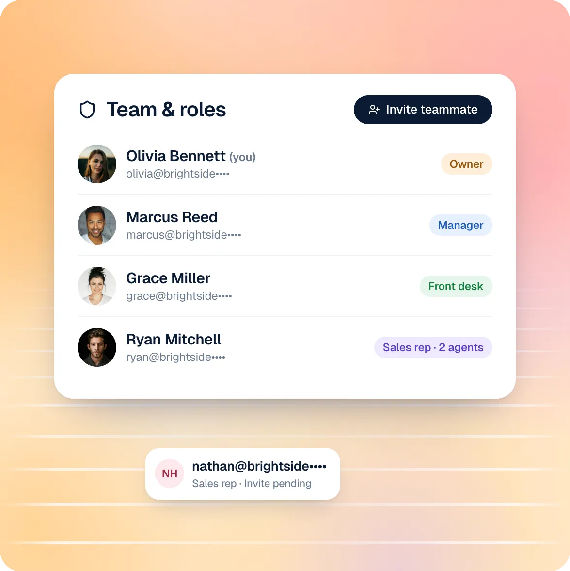 Team and roles screen with Owner, Manager, Front desk and Sales rep