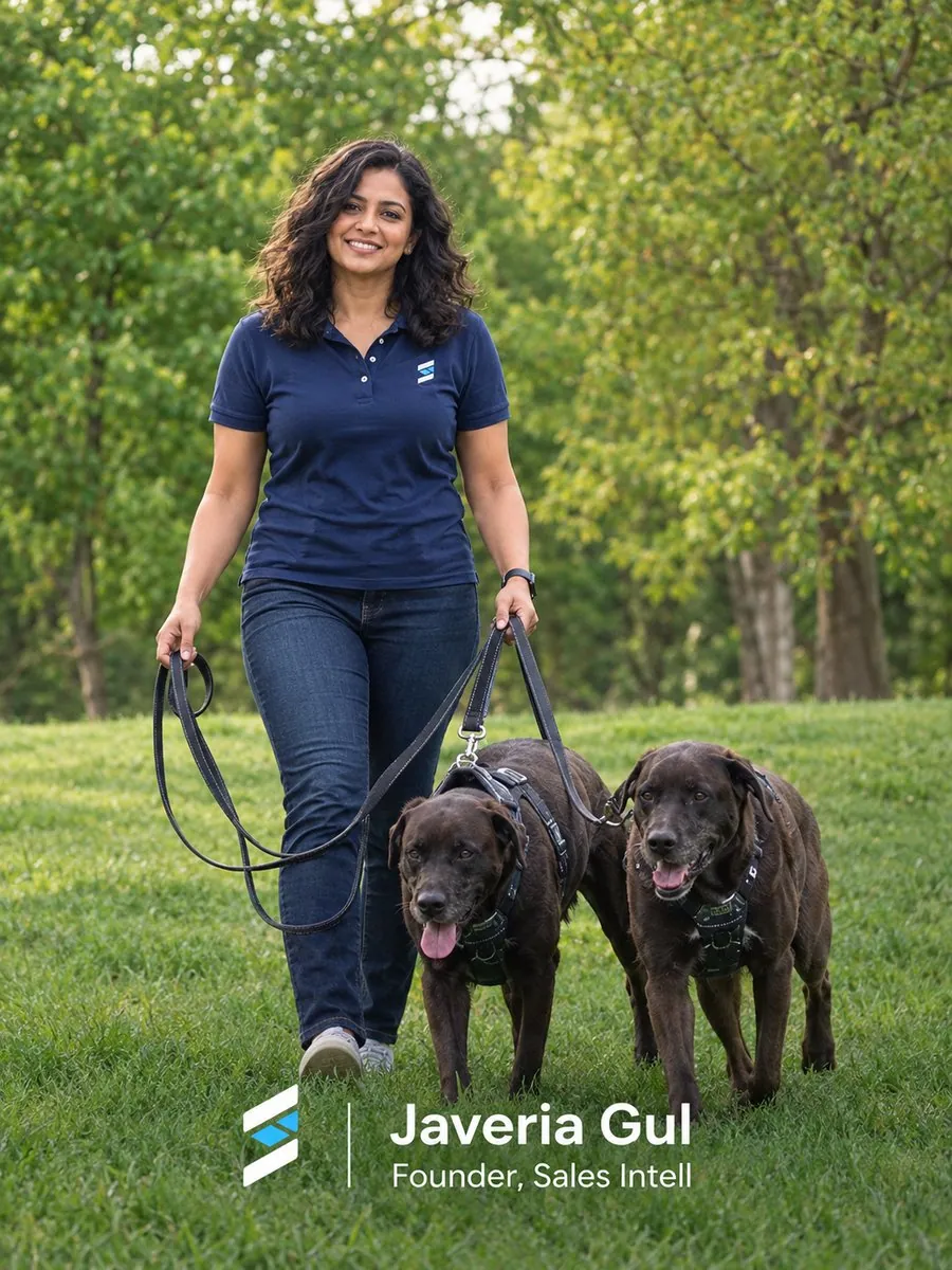 Javeria Gul, with the Sales Intell logo